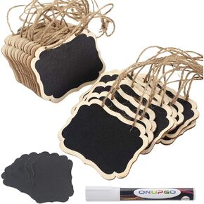 ONUPGO 20 Pack Chalkboard Tags with Liquid Chalk Marker, Mini Erasable Chalkboards with Hanging String, Wooden Mini Chalkboard Signs, Hanging Chalkboard Labels, Price Tags, Message Tags