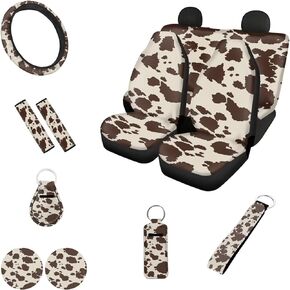 Brown Cow Print Car Accessories Car Seat Cover for Women Men Cow Steering Wheel Cover Car Cup Holders Keyring Seat Belt Pads Wrist Strap Lip Balm Sleeve Keychain for Most Car, SUV, 12pcs Set