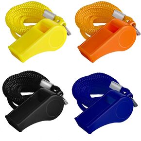 SAVITA 4 Pcs Plastic Whistles with Lanyard, Loud Crisp Sound Referee Whistle, Sport Whistle in Training Survival Emergency Sports for Coach Teacher Dog Training (Black, Blue, Orange and Yellow)