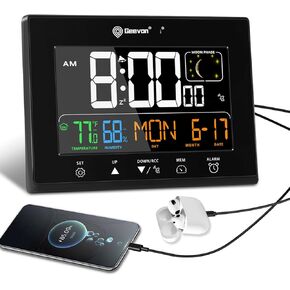 Geevon Digital Atomic Alarm Clocks for Bedrooms with Battery Backup, Color HD Display Auto Set Clock with Backlight, 2 USB Ports, Indoor Temperature and Humidity, Moon Phases, Date, 12/24H