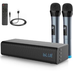 Pyle Wireless Soundbar with Mic and Remote Control, 10 inches 20W 2 Wireless Microphones, 5.0, A2DP, AVRCP Bluetooth Karaoke Sound System, USB, AUX-in, AUX Out,Black