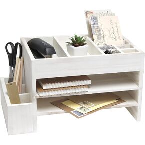 Elegant Designs HG1021-WWH Home Office Wood Tiered Organizer with Storage Cubbies and Letter Tray Desk Caddy, White Wash