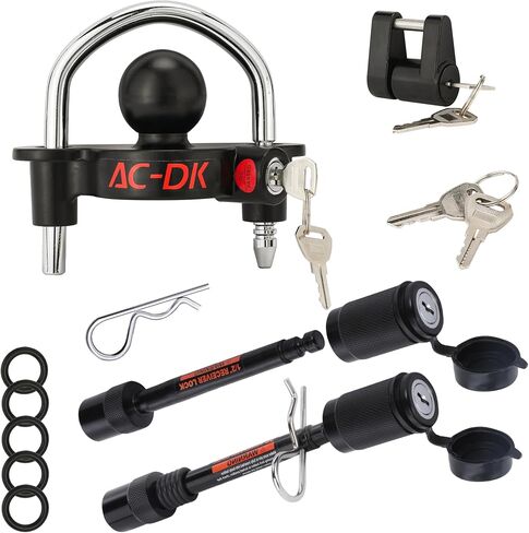 مجموعة قفل وصلة المقطورة ذات المفاتيح AC-DK، 5/8 بوصة و1/2 قفل دبوس وصلة المقطورة، قفل وصلة المقطورة العالمي، قطر 1/4 بوصة، 3/4 بوصة قفل وصلة ربط اللسان يناسب 1-7/8 بوصة، 2' 2-5/16" مقرنة، 6 مفاتيح in Kuwait