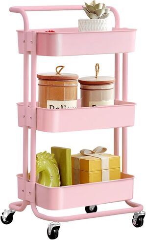3-Tier Utility Rolling Cart,Mobile Utility Cart with Lockable Caster Wheels, Metal Organization Cart with Handle Multifunctional Storage Shelves for Kitchen Living Room Office Pink in Saudi Arabia