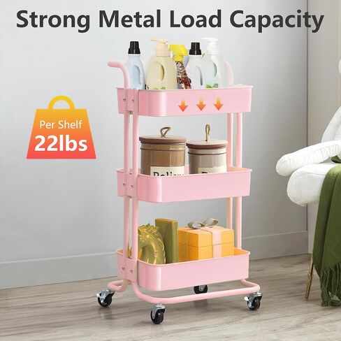 3-Tier Utility Rolling Cart,Mobile Utility Cart with Lockable Caster Wheels, Metal Organization Cart with Handle Multifunctional Storage Shelves for Kitchen Living Room Office Pink in Saudi Arabia