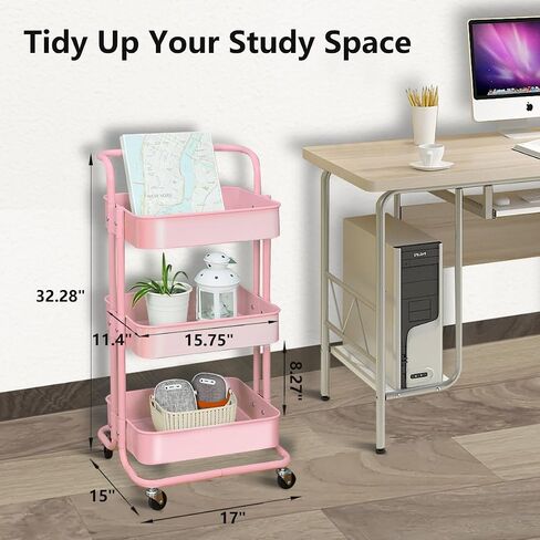 3-Tier Utility Rolling Cart,Mobile Utility Cart with Lockable Caster Wheels, Metal Organization Cart with Handle Multifunctional Storage Shelves for Kitchen Living Room Office Pink in Saudi Arabia