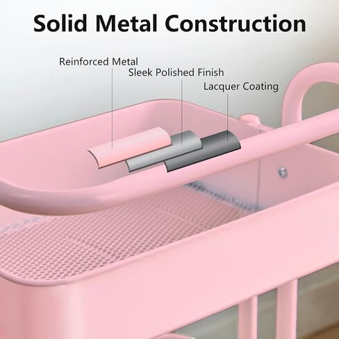 3-Tier Utility Rolling Cart,Mobile Utility Cart with Lockable Caster Wheels, Metal Organization Cart with Handle Multifunctional Storage Shelves for Kitchen Living Room Office Pink in Saudi Arabia
