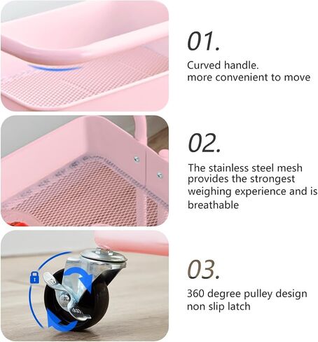 3-Tier Utility Rolling Cart,Mobile Utility Cart with Lockable Caster Wheels, Metal Organization Cart with Handle Multifunctional Storage Shelves for Kitchen Living Room Office Pink in Saudi Arabia