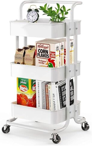 3-Tier Utility Rolling Cart,Mobile Utility Cart with Lockable Caster Wheels, Metal Organization Cart with Handle Multifunctional Storage Shelves for Kitchen Living Room Office Pink in Saudi Arabia