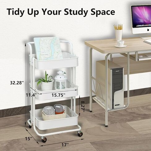 3-Tier Utility Rolling Cart,Mobile Utility Cart with Lockable Caster Wheels, Metal Organization Cart with Handle Multifunctional Storage Shelves for Kitchen Living Room Office Pink in Saudi Arabia