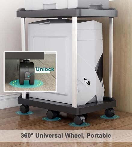 xify's Computer Tower Stand Double Tiers Mobile CPU Printer Stand with 6 Caster Wheels for Home Office Fits PC Under Desk Organization Shelf, Black, 11.81 * 17.72 * 20.87 Inches in Saudi Arabia