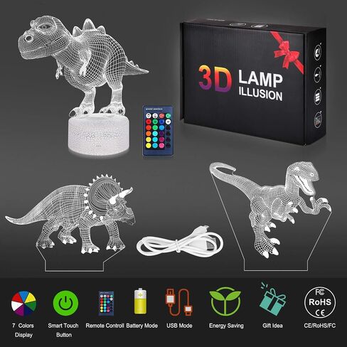 ضوء ليلي على شكل ديناصور ثلاثي الأبعاد من VSATEN للأطفال، مصباح وهمي ثلاثي الأبعاد 3 أنماط و16 لونًا متغيرًا مصباح ديكور مع جهاز تحكم عن بعد ولمسة ذكية، ألعاب الديناصورات للأطفال بعمر 2 3 4 5 6 سنوات فما فوق in Kuwait