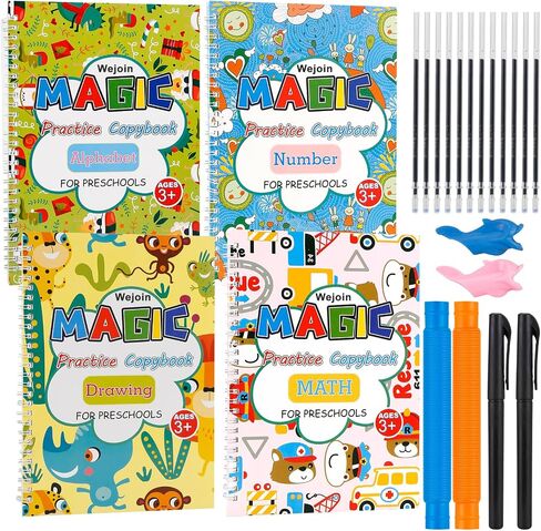New Magic Practice Print Copybook for kids, 4Packs Sank Reusable Magic Ink Handwriting Workbooks Set: Alphabet, Drawing, Math, Numbers, Pen, Refills &Holders in Saudi Arabia