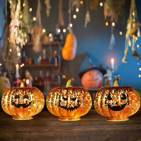 Rocinha Mercury Glass Pumpkin Light Up Pumpkins with Timer, 5.5 Inch Halloween Pumpkin Decorations with Pumpkin Decorating Kits for Fall Autumn Thanksgiving Harvest Tables Centerpieces Pumpkin Decor in Kuwait