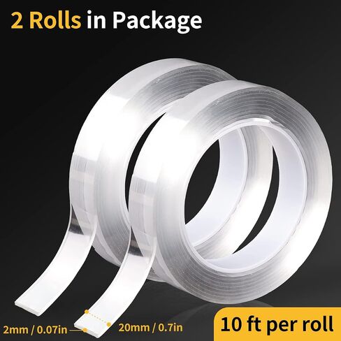 Nano Double-Sided Adhesive Transparent Non-Marking Adhesive, Removable Tape, Strong Sticky Strip for Carpet, Posters, Walls, Floors (2 Rolls, 20 Feet Total)-20MM in Saudi Arabia