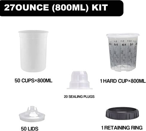 Disposable Paint Spray Gun Cup Liners and Lid System 50 Liners 50 Lids 20 Plugs 1 Hard Cup with Retainer Ring Paint Sprayer Mixing Cup (125 Mic) 5.6 Ounce (165ml) in Saudi Arabia