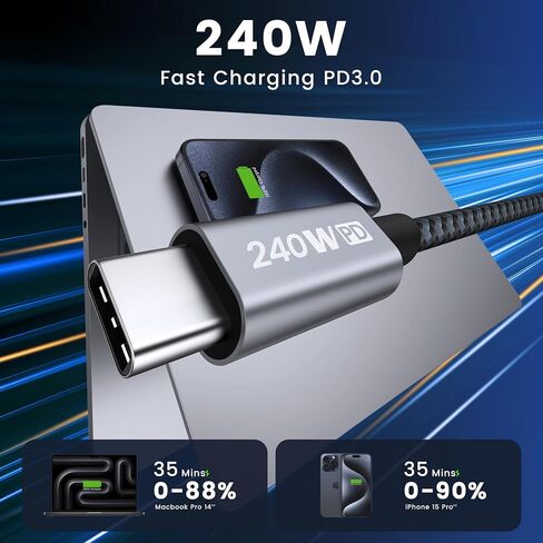 كابل RAMPOW USB C، كابل USBC إلى USB C بقدرة 240 واط [6.6أقدام/2 حزمة]، كابل C إلى C شحن سريع، كابل شحن USB C من النايلون لهاتف iPhone 15/15 Pro، وSamsung S24/S24+/S24 Ultra/S23/S22، وMacBook برو، آيباد برو-أسود in Saudi Arabia