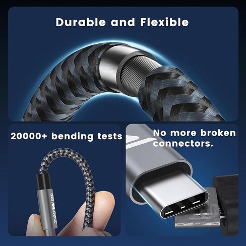 كابل RAMPOW USB C، كابل USBC إلى USB C بقدرة 240 واط [6.6أقدام/2 حزمة]، كابل C إلى C شحن سريع، كابل شحن USB C من النايلون لهاتف iPhone 15/15 Pro، وSamsung S24/S24+/S24 Ultra/S23/S22، وMacBook برو، آيباد برو-أسود in Saudi Arabia