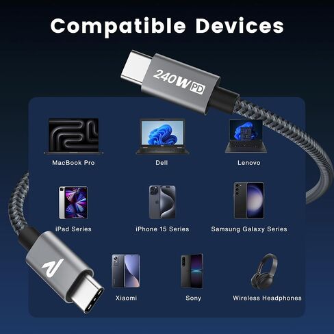 كابل RAMPOW USB C، كابل USBC إلى USB C بقدرة 240 واط [6.6أقدام/2 حزمة]، كابل C إلى C شحن سريع، كابل شحن USB C من النايلون لهاتف iPhone 15/15 Pro، وSamsung S24/S24+/S24 Ultra/S23/S22، وMacBook برو، آيباد برو-أسود in Saudi Arabia