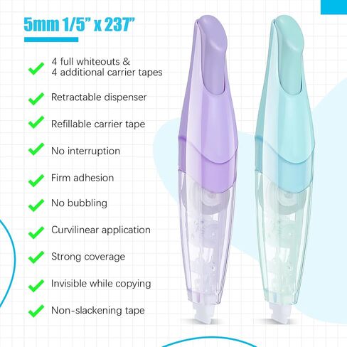 4 Pcs Refillable Retractable Correction Tape with 4 Extra Refills Cute Pen Shaped Correction Tape Aesthetic Correction Tape Set for Office School Supplies, 4 Colors in Saudi Arabia