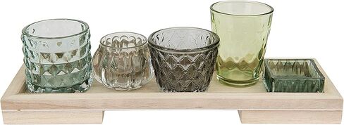 Creative Co-Op Glass Votive/Tealight Holders on Wood Tray (Set of 5 Pieces) Candleholder, Blue in Saudi Arabia