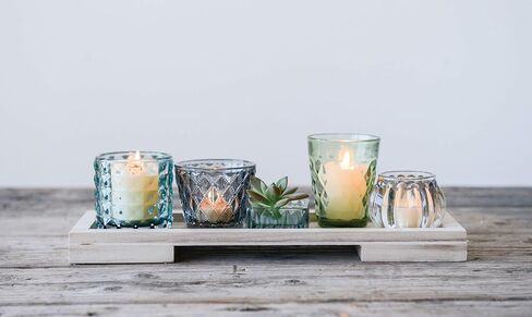 Creative Co-Op Glass Votive/Tealight Holders on Wood Tray (Set of 5 Pieces) Candleholder, Blue in Saudi Arabia
