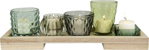 Creative Co-Op Glass Votive/Tealight Holders on Wood Tray (Set of 5 Pieces) Candleholder, Blue in Saudi Arabia