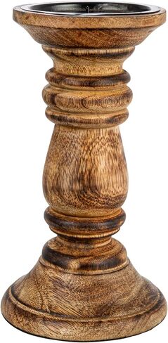 Bloomingville Carved Wood, Natural Pillar Candle Holder, Gray in Saudi Arabia