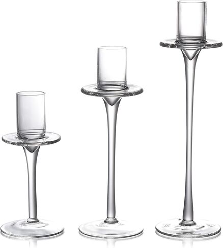 حامل شموع زجاجي شفاف مباشر من Dawhud - حامل شموع أنيق ومتعدد الاستخدامات للشموع العمودية والعائمة وشموع LED - مجموعة من 3 قطع، أبيض شفاف - 30x11x11 سم in Kuwait