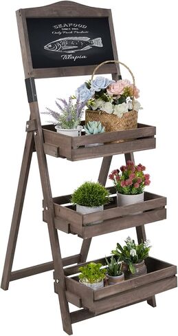 عرض السبورة الخشبية المزخرفة: حامل سبورة مع 3 أرفف عرض، قائم بذاته، حامل سبورة خشبي للنباتات والفواكه، بني 14.9 × 19.7 × 41.7 بوصة in Kuwait