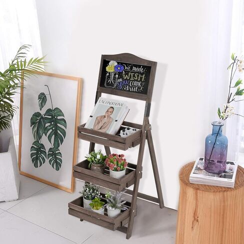 عرض السبورة الخشبية المزخرفة: حامل سبورة مع 3 أرفف عرض، قائم بذاته، حامل سبورة خشبي للنباتات والفواكه، بني 14.9 × 19.7 × 41.7 بوصة in Kuwait