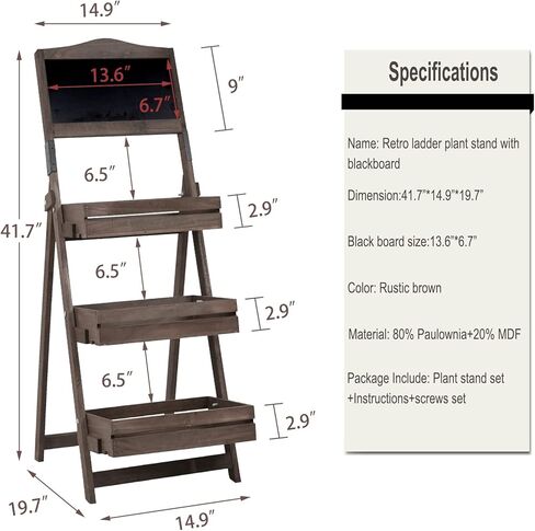 عرض السبورة الخشبية المزخرفة: حامل سبورة مع 3 أرفف عرض، قائم بذاته، حامل سبورة خشبي للنباتات والفواكه، بني 14.9 × 19.7 × 41.7 بوصة in Kuwait