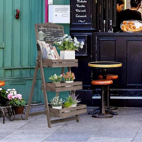 عرض السبورة الخشبية المزخرفة: حامل سبورة مع 3 أرفف عرض، قائم بذاته، حامل سبورة خشبي للنباتات والفواكه، بني 14.9 × 19.7 × 41.7 بوصة in Kuwait