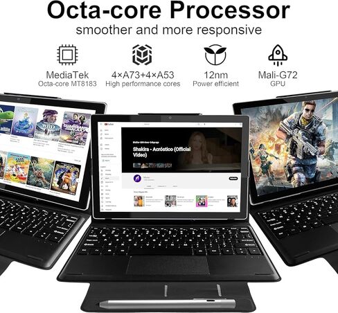 تابلت 10.1 بوصة مع لوحة مفاتيح، 2 في 1 أندرويد 12 تابلت 128 ذاكرة وصول عشوائي 4 جيجابايت، شاشة IPS 1920 × 1200، بطارية 7000 مللي أمبير، معالج ثماني النواة، كاميرا مزدوجة، 2.4 جيجا + 5 جيجا واي فاي، بلوتوث، نظام تحديد المواقع، قلم (جسم معدني) in Kuwait