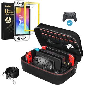 ivoler Carrying Storage Case for Switch OLED Model with 4 Pack Screen Protecto,Portable Travel All Protective Hard Messenger Bag Soft Lining 18Games for Switch Console Pro Controller Accessories Black