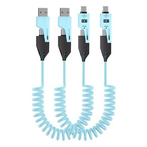 4 in 1 Charging Cable - 65W-4ft USB C Coiled Cable,USB to USB C Cable for Car,Compatible with Smart Phones、Laptop and More Devices,2 Pack(Blue)