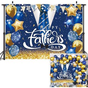 Happy Father's Day Backdrop 7x5FT Thank Dad Golden Glitter Blue Background Blue Suit Tie White Shirt Gold Balloons Family Festival Party Decorations Supplies