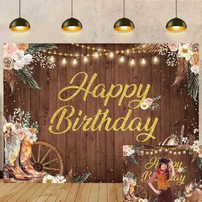 Western Cowgirl Birthday Backdrop Rustic Wooden Retro Boho Flower Pampas Grass Photography Background Banner West Girl Birthday Party Decoration Photo Booth Props (7X5FT)