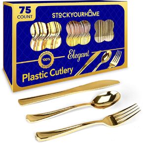 Gold Plastic Silverware Set (160 Bulk Pack) Disposable Cutlery Utensils, 80 Gold Forks, 40 Gold Knives, 40 Gold Spoons, Heavy Duty Flatware For Holidays, Parties, Dinners, Weddings, and Occasions