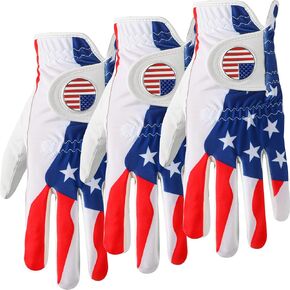 Golf Gloves Men Right Hand Left with Ball Marker USA Flag Blue Camo Plaid 3 Pack, Mens Golf Glove All Weather Grip Small Medium ML Large XL