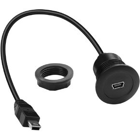 QIANRENON Mini USB Flush Mount Charging Short Cable Adapter Mini USB Male to Female Threaded Fixed Mount Data Connector Cable 480Mbps 5V 2A, Mount Car RV Boat Dashboard Desktop, 30cm/11.8in