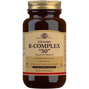 Solgar BComplex “50" Vegetable Capsules Energy Metabolism Cardiovascular Support Nervous System Support NonGMO Vegan Gluten Free Dairy Free Kosher Halal Servings, Standard Packagaing, 100 Count