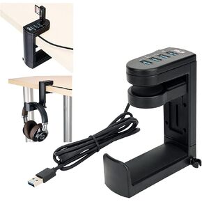 Kiorafoto 2 in 1 Headphone Hook with 4 Ports USB 3.0 2.0 Hub, Under Desk 360 Degree Rotation PC Gaming Headset Hanger Mount Stand Storage Earphone Holder for Multiple Devices High Speed Data Transfer