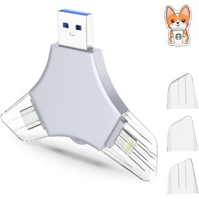 USB 3.0 Flash Drive 64gb for iPhone, 3in1 External Memory Picture Keeper Storage Stick for Photo, V6.88High Speed Thumb Drives for iPhone/iPad/Android/PC - Lead ash