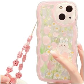 Cute Phone Case for iPhone 13 Clear Pink Floral Rabbit with Heart Beaded Phone Charm for iPhone 13 Case Girls Teen Soft TPU Full Protective Cover Flower Rabbit iPhone 13 Case with Charm