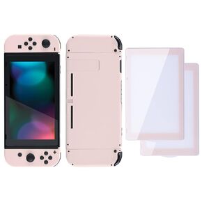 eXtremeRate Colorful Border Screen Protector + Back Plate + NS Joycon Handheld Controller Housing Buttons for Nintendo Switch, DIY Replacement Shell for Nintendo Switch - Cherry Blossoms Pink