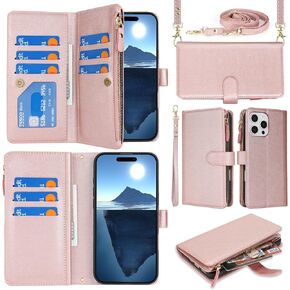 for iPhone 16 Pro with Wallet Phone Case, Design for iPhone 16 Pro Card Holder Zipper Cash Slot Lanyard Flip Leather Cover-Green