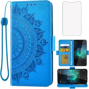 Asuwish Compatible with Nokia 3.1C/3.1A Wallet Case Tempered Glass Screen Protector Credit Card Holder Flip Purse Wrist Strap Stand Cell Phone Cover for Nokia 3.1 C Nokia3.1 A AT&T Men Blue