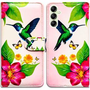 RFID Safe Case for Galaxy A15 5G,RFID Blocking,Green Hummingbird Yellow Butterfly Leather Flip Phone Case Wallet Cover with Card Slot Holder Kickstand for Samsung Galaxy A15 5G