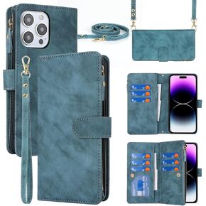 for iPhone 16 Pro with Wallet Phone Case, Design for iPhone 16 Pro Card Holder Zipper Cash Slot Lanyard Flip Leather Cover-Green in Kuwait